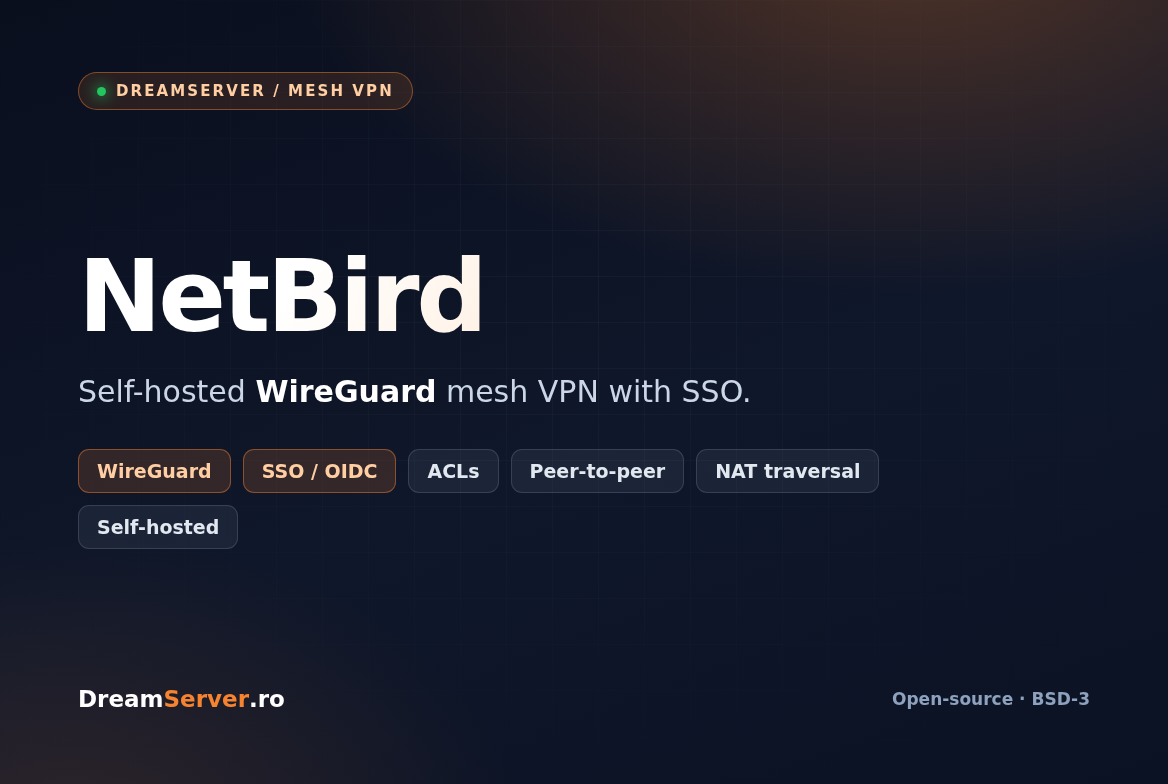 Diagrama retea mesh NetBird intre mai multe noduri conectate prin WireGuard