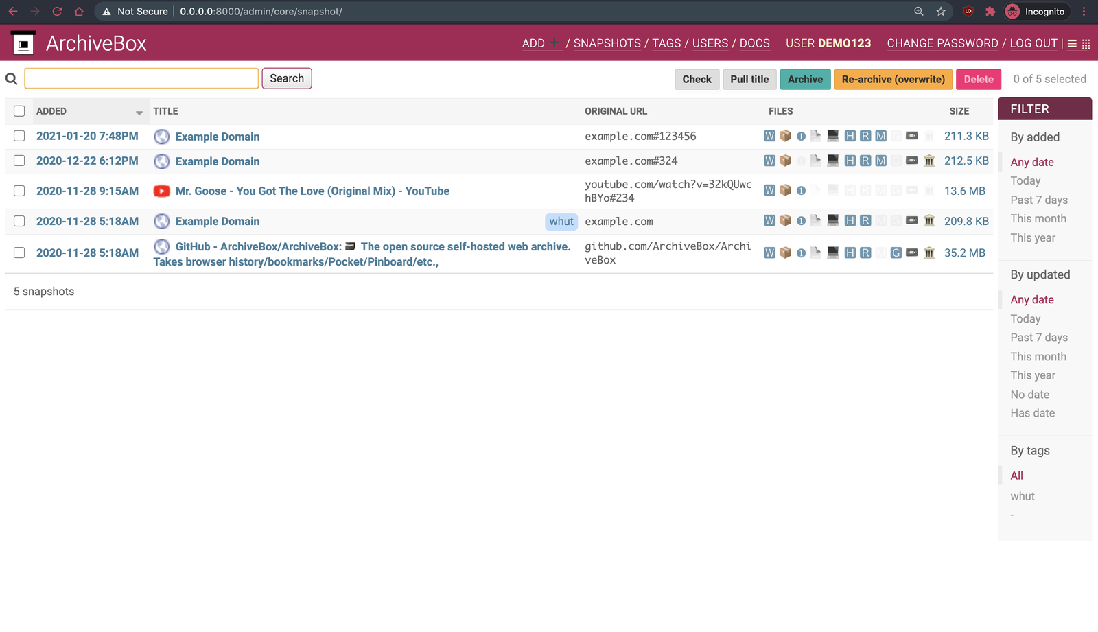 ArchiveBox web interface showing a list of archived snapshots