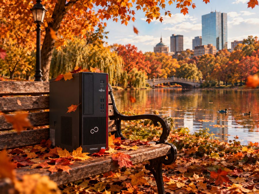 Server dedicat Fujitsu i7-4790 intre frunze de toamna, langa un lac