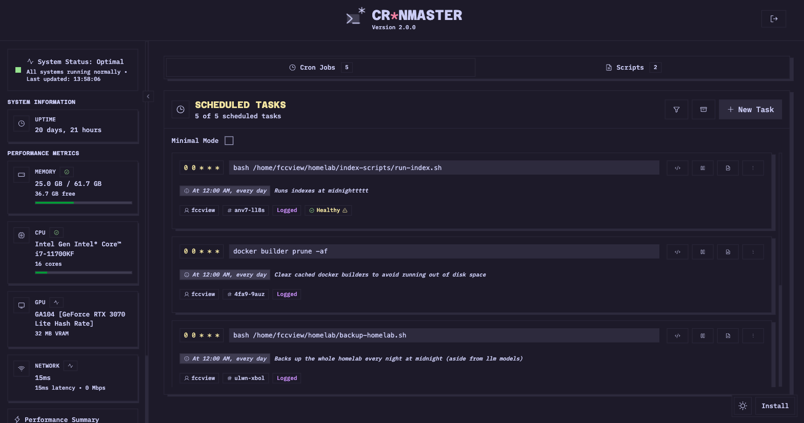 Cronmaster web interface showing a list of cron jobs with live status