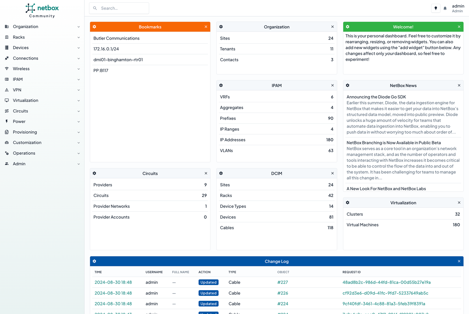 Diagrama NetBox cu dispozitive, rack-uri si adrese IP conectate intr-un grafic de retea