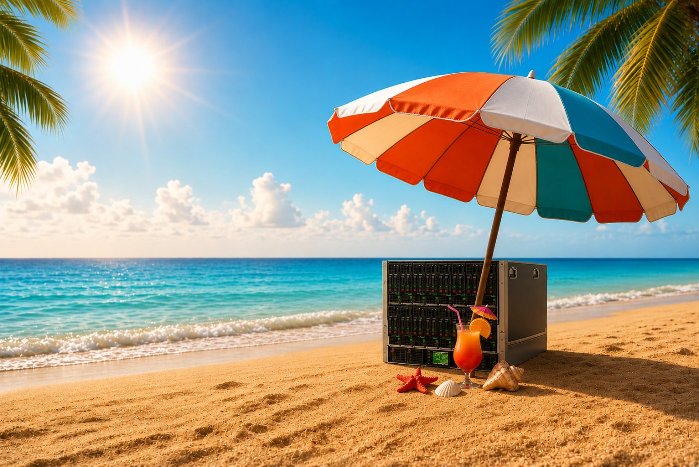 Summer sale: an HP blade server on a sunny beach under a colorful umbrella