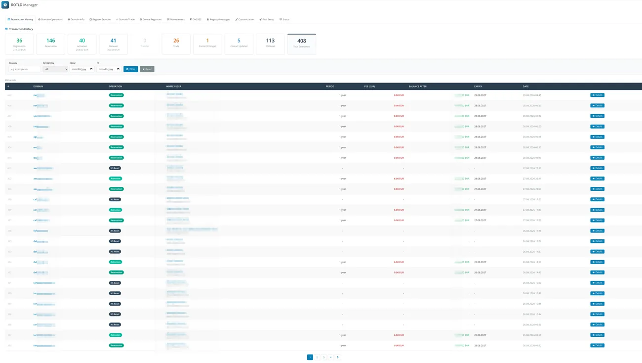 ROTLD Manager for WHMCS: Transaction history - every registry operation logged with period, fee and balance