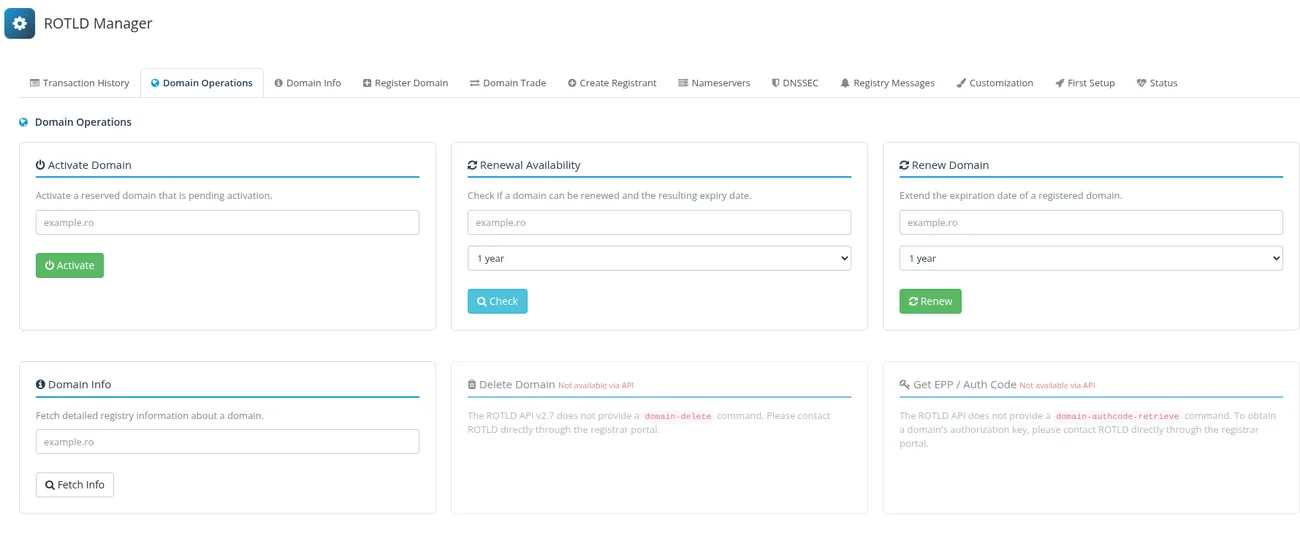 ROTLD Manager for WHMCS: Domain operations - activate, renew, remove and delete .ro domains