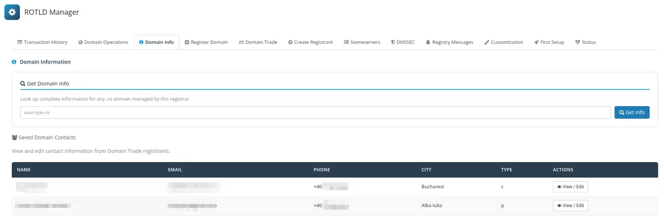 ROTLD Manager for WHMCS: Domain info - live registry lookup and saved domain contacts