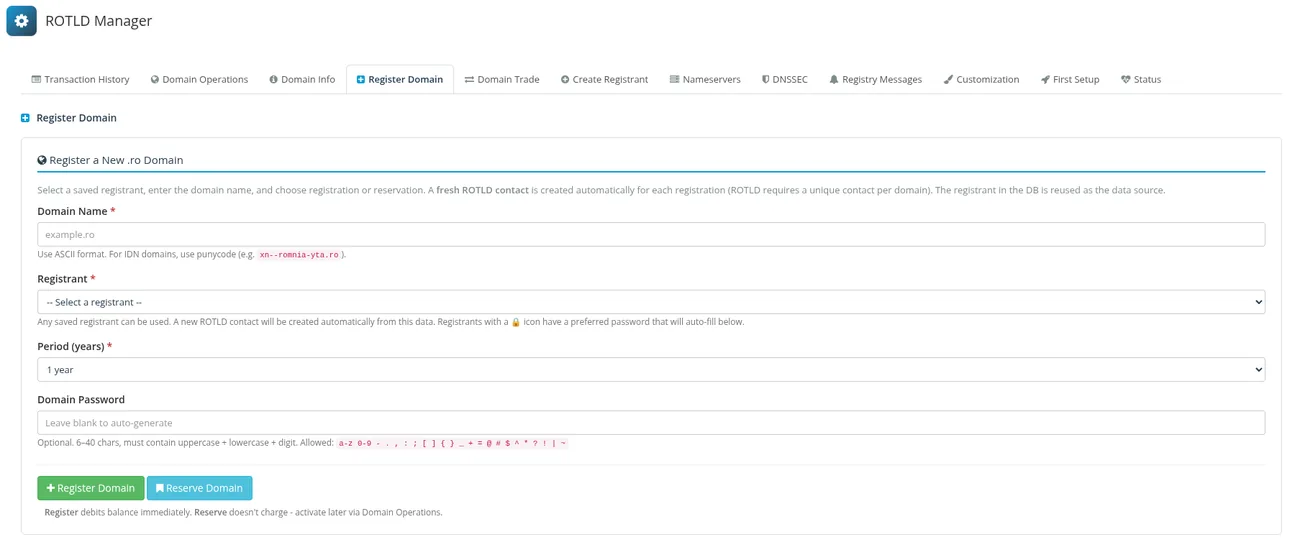 ROTLD Manager for WHMCS: Register a domain - order a new .ro domain from a saved registrant