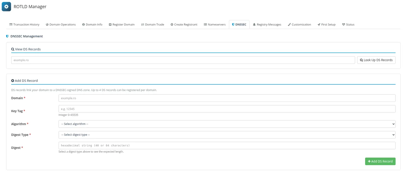 ROTLD Manager for WHMCS: DNSSEC - add and manage DS records per domain