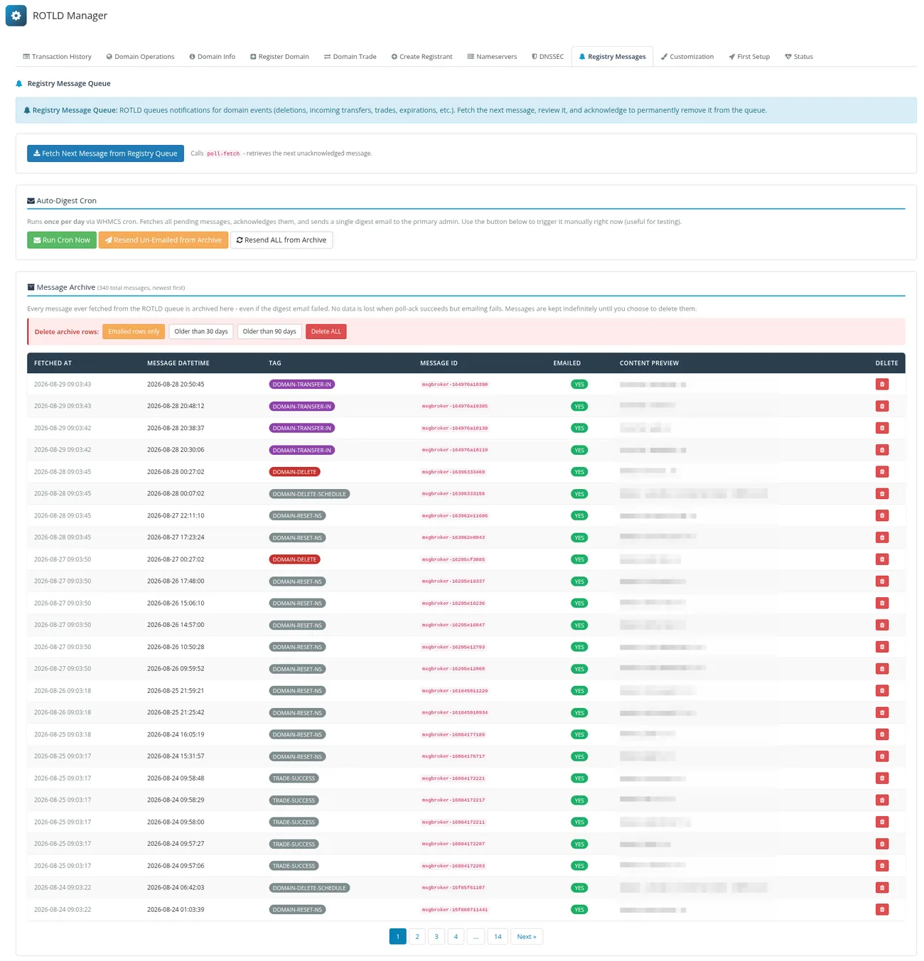 ROTLD Manager for WHMCS: Registry message queue - poll, review and acknowledge registry messages