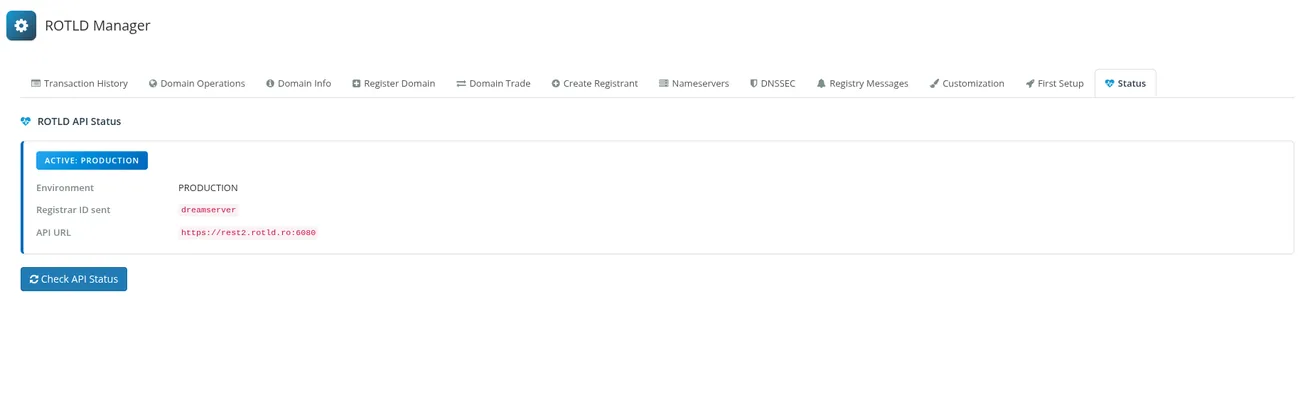 ROTLD Manager for WHMCS: Status - live ROTLD API connection check