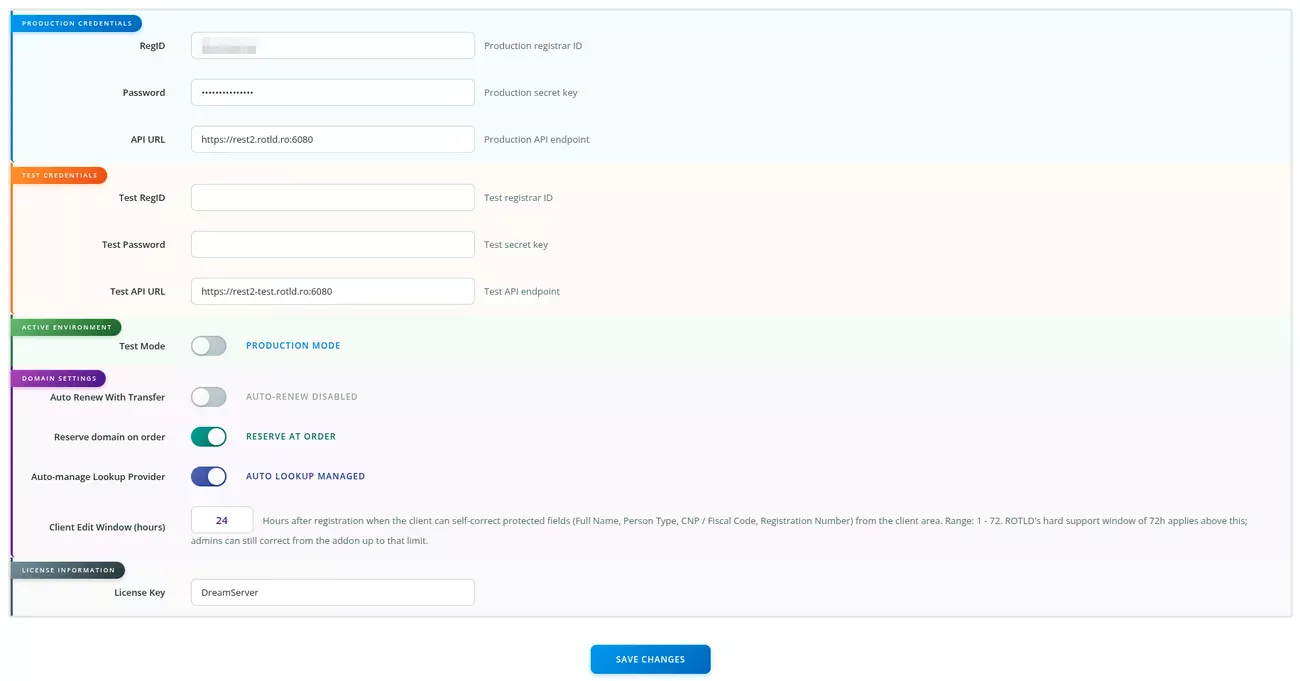 ROTLD Manager for WHMCS: Configuration - Test / Production registrar credentials and automation