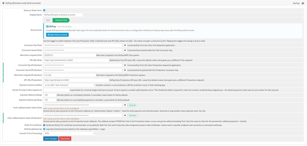 Configurare gateway - comutator Test / Production, API URL-uri editabile si token de callback dintr-un click