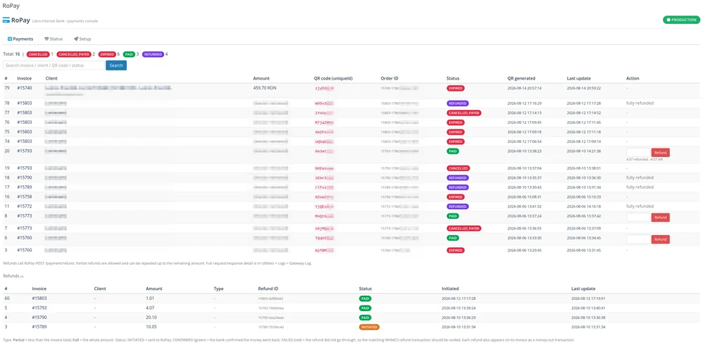 Consola de plati - fiecare incercare, status live si rambursari totale / partiale dintr-un click