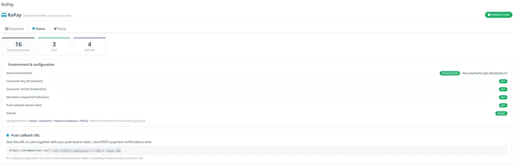 Status - mediu activ, checklist de configurare, URL de callback si contoare de plati