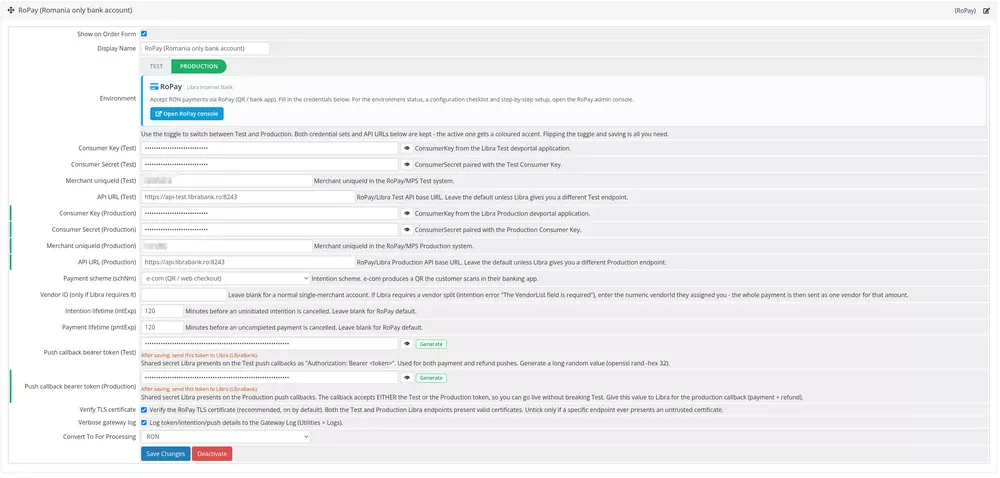 Configurare gateway - comutator Test / Production, API URL-uri editabile si token de callback dintr-un click