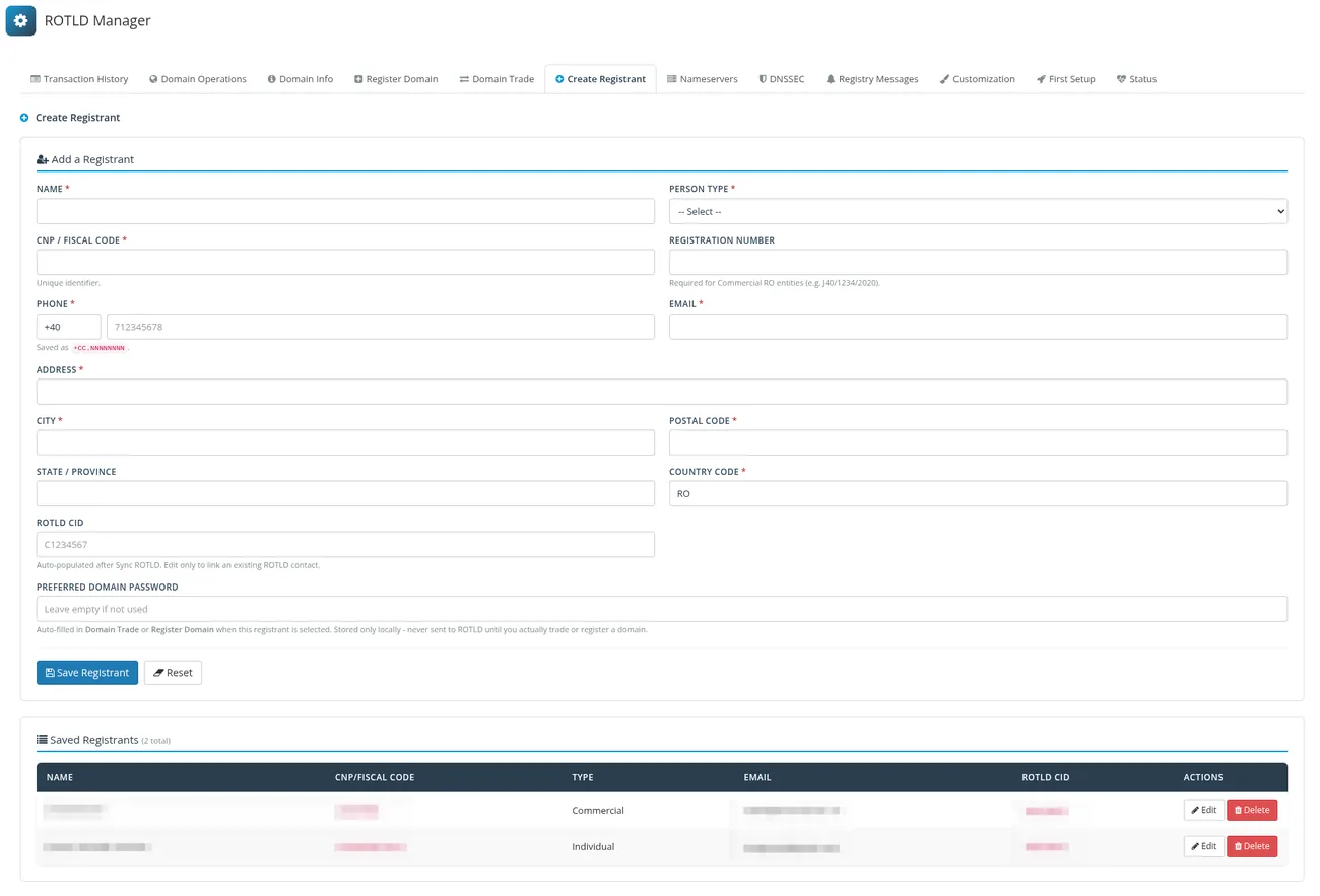 ROTLD Manager pentru WHMCS: Creare detinator - gestionezi inregistrari de detinatori ROTLD reutilizabile