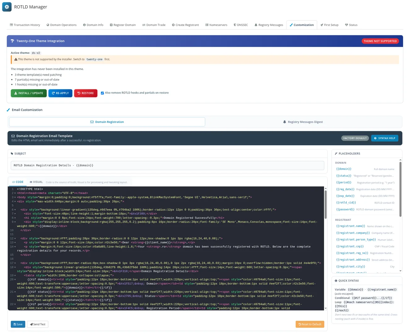 ROTLD Manager pentru WHMCS: Personalizare - sabloane de email pentru domenii si integrare cu tema