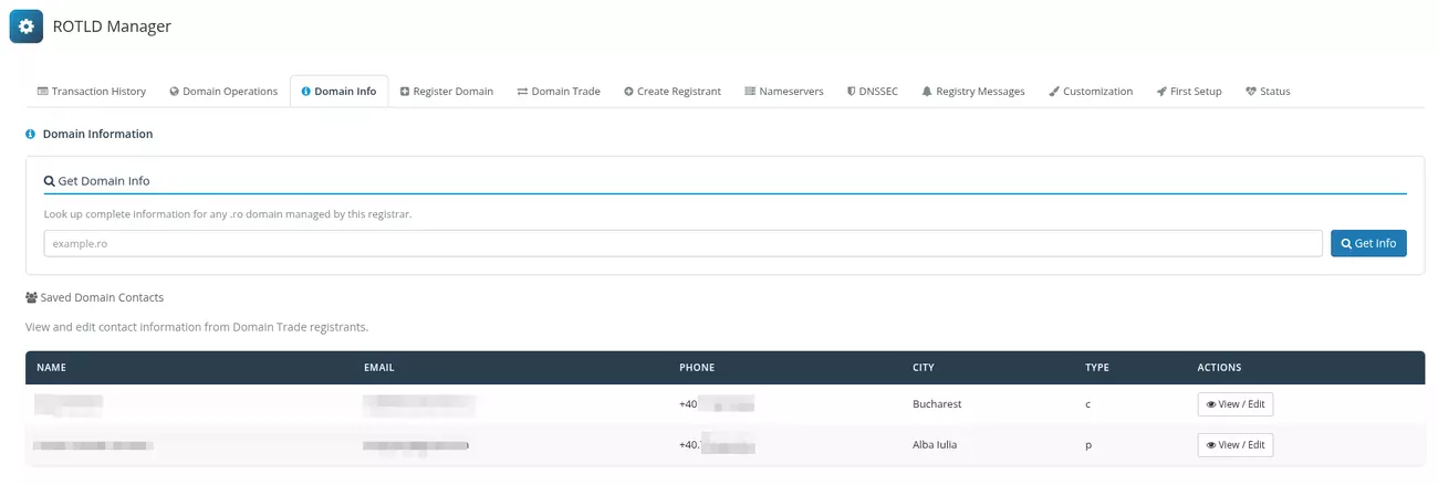 ROTLD Manager pentru WHMCS: Info domeniu - lookup live la registru si contactele salvate ale domeniului