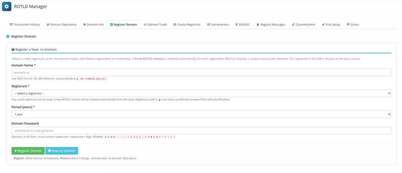 ROTLD Manager pentru WHMCS: Inregistrare domeniu - comanzi un domeniu .ro nou dintr-un detinator salvat