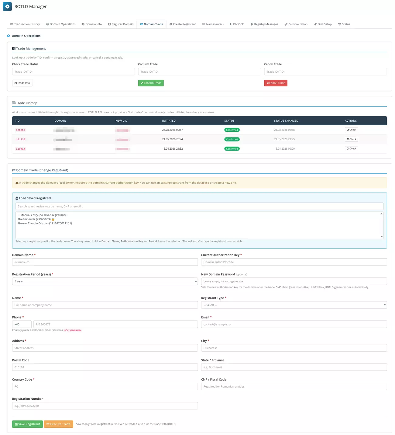 ROTLD Manager pentru WHMCS: Trade domeniu - schimbi proprietarul cu un istoric complet al trade-urilor