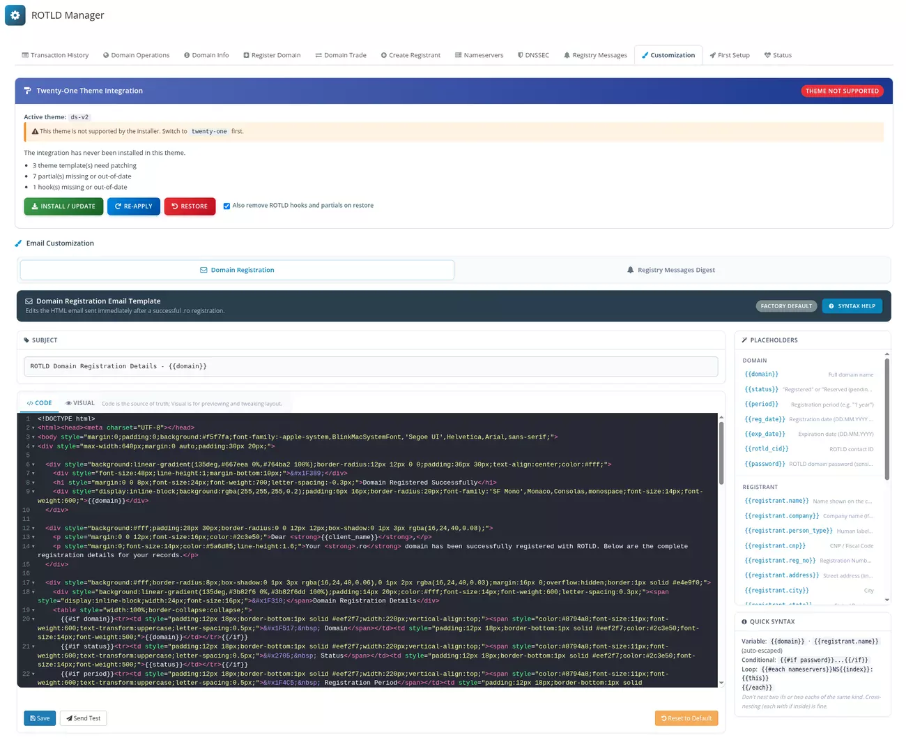 ROTLD Manager pentru WHMCS: Personalizare - sabloane de email pentru domenii si integrare cu tema