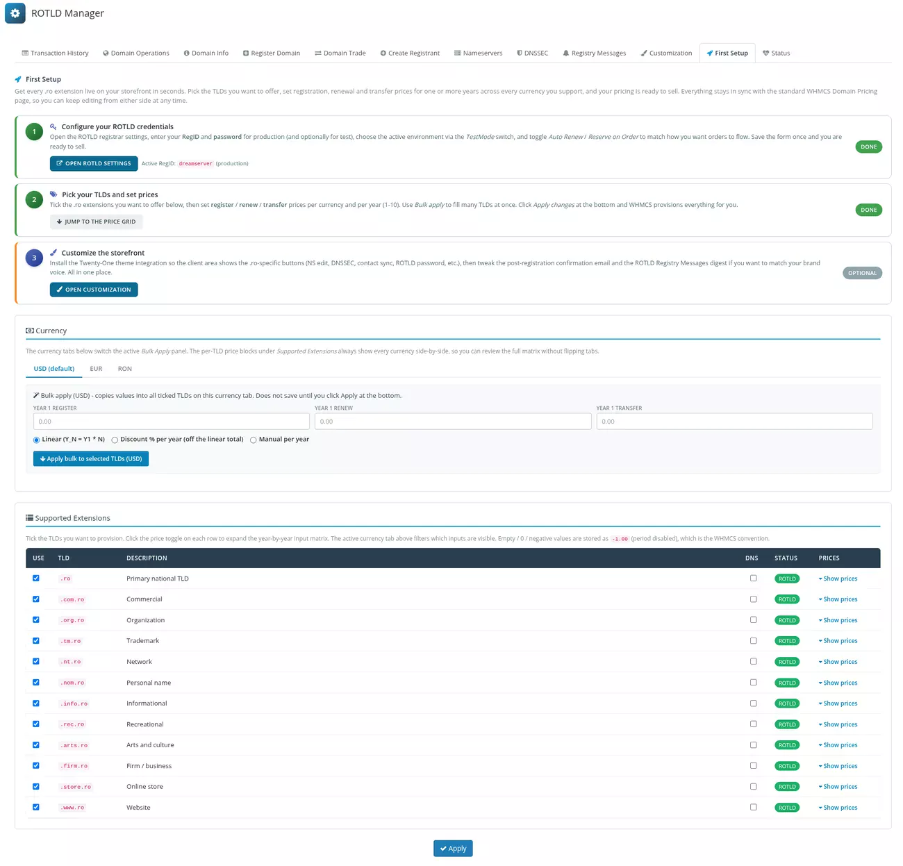 ROTLD Manager pentru WHMCS: Configurare initiala - credentiale ghidate, preturi si extensii suportate