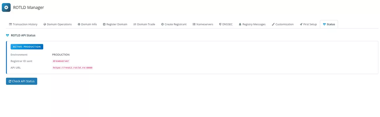 ROTLD Manager pentru WHMCS: Status - verificare live a conexiunii la API-ul ROTLD